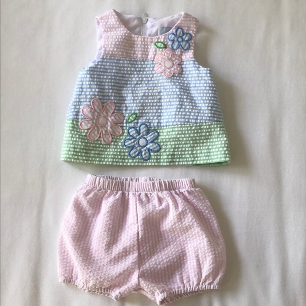 Seersucker Dress with Flowers and bloomers